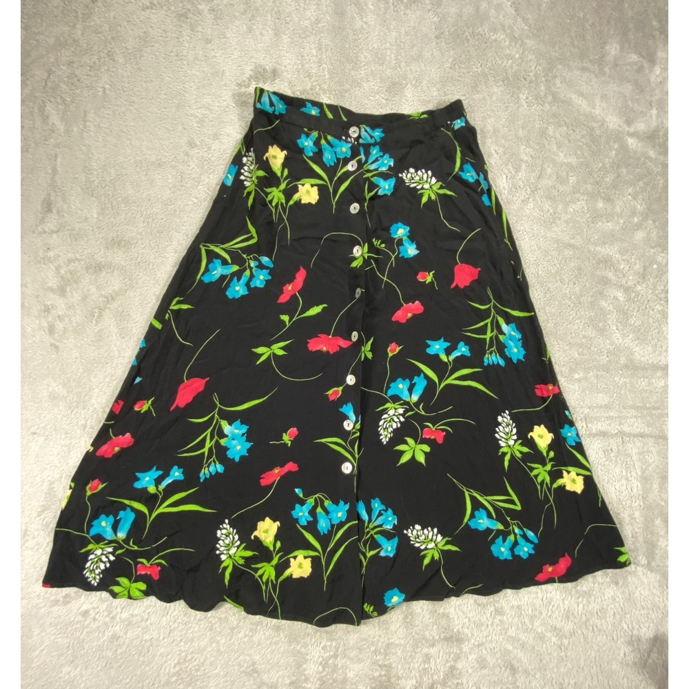 Vintage Worthington Skirt Womens 6 Petite Black 100% Rayon‎ Floral Button Front